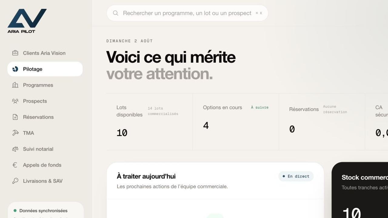 Tableau de bord Aria Pilot