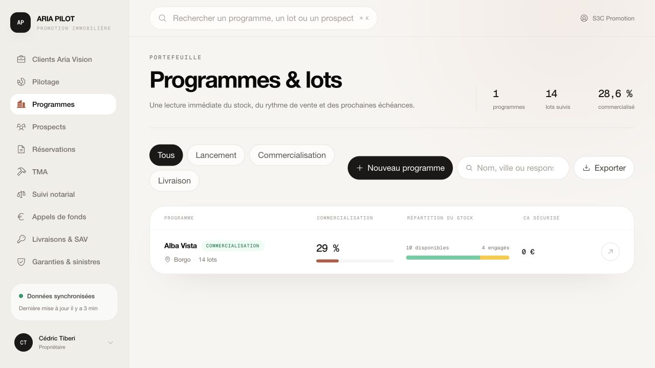 Portefeuille de programmes et lots dans Aria Pilot